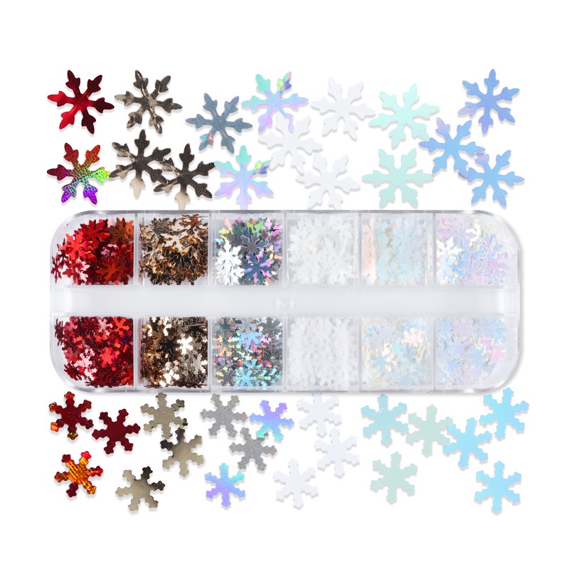 12 Grids Aksesoris Kuku Desain Snowflakes 3D Holographic Untuk Dekorasi Nail Art