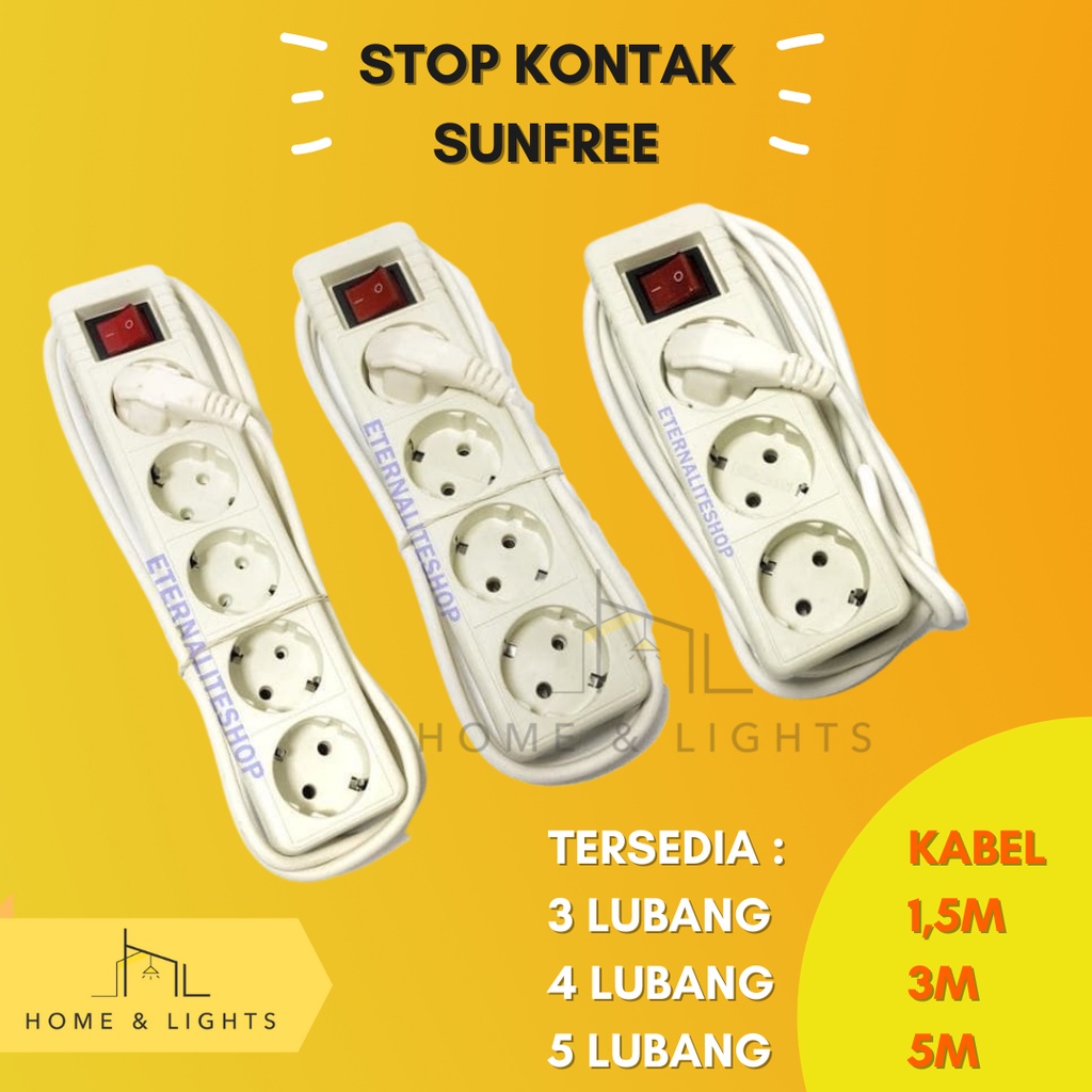 Stop Kontak Sunfree Colokan 2 3 4 5 Lubang Panjang Kabel 1,5/3/5 Meter