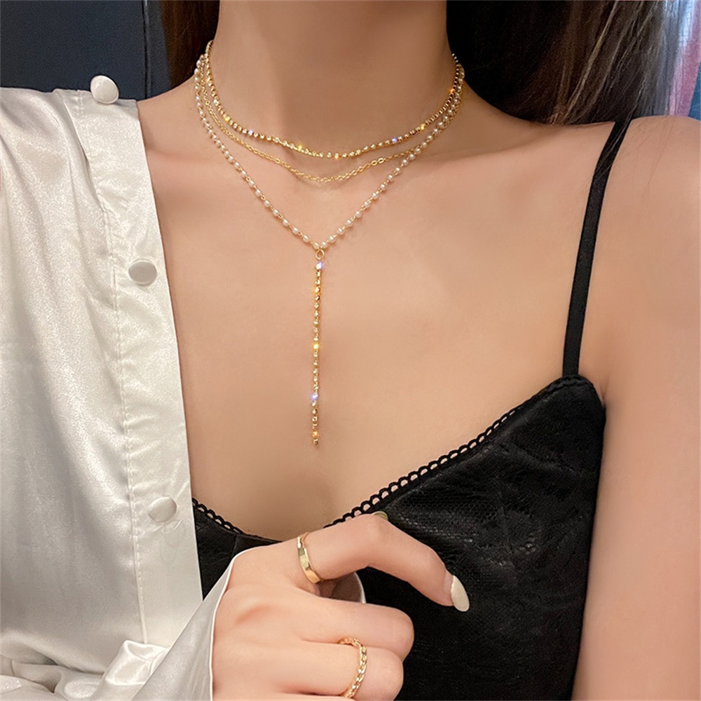 【COD Tangding】Kalung Rantai Klavikula Multi layer Bentuk Y Aksen Mutiara Berlian Gaya Korea Untuk Wanita