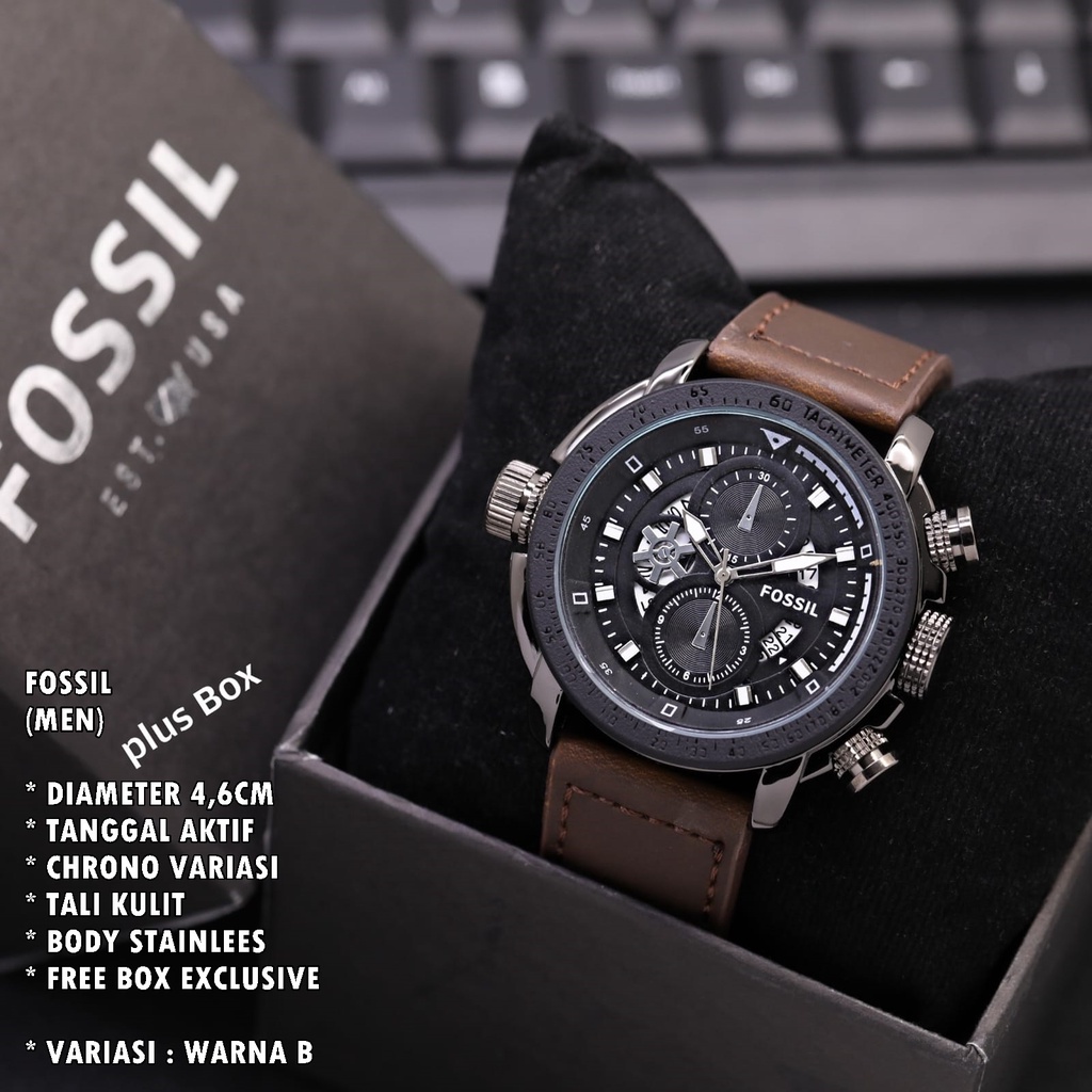 (FREE BOX) JAM TANGAN PRIA FASHION TALI KULIT BODY BULAT TANGGAL AKTIF