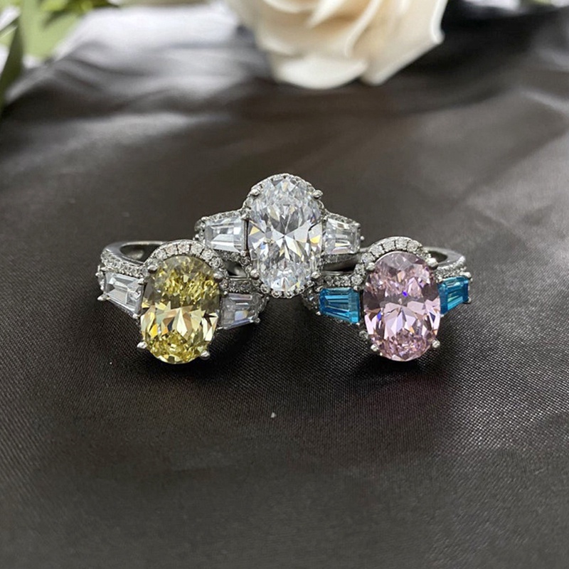 Cincin Wanita Bentuk Oval Kubik Zirkonia Warna Putih Kuning Pink Untuk Aksesoris Pernikahan