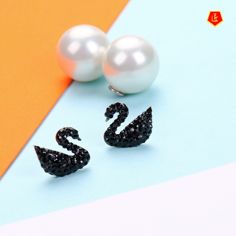 [Ready Stock]25 Silver Korean Style Pearl Black Swan Earrings