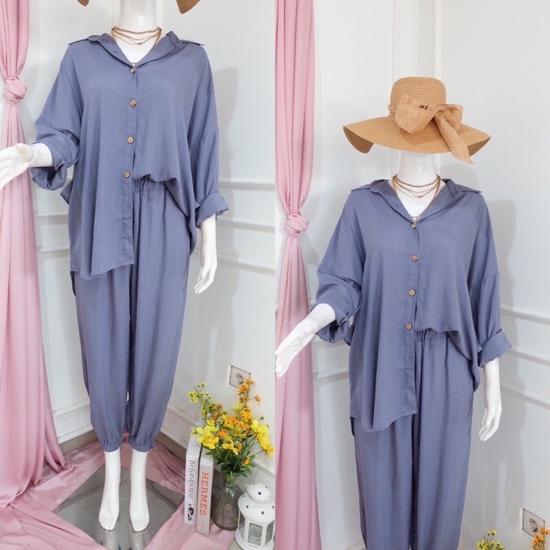 BAJU SETELAN BAHAN KATUN RAYON CRINKLE - RUFFLE BAGIAN BELAKANG CELANA JOGGER MODEL BATWING