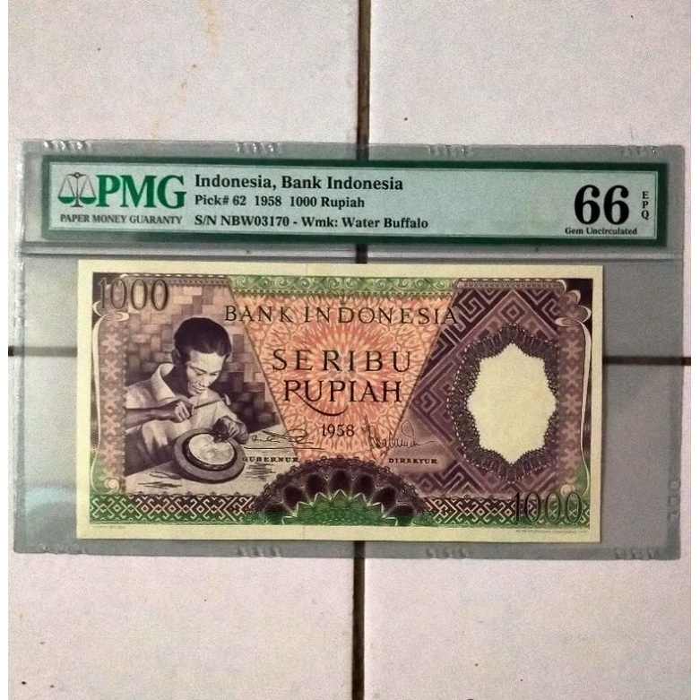Uang Kuno 1000 Rupiah Tahun 1958 PMG 66 EPQ Ungu Hijau Ready