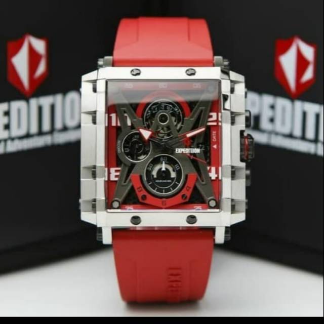 Jam tangan expedition e6757 rubber silver red pria original