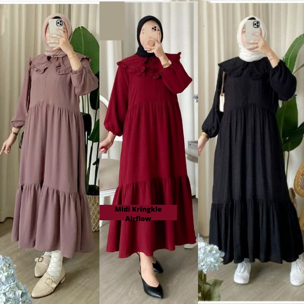 Midi Dress Polos Wanita Kekinian Crinkle Airflow Premium