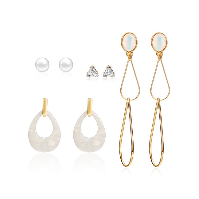 LRC Anting Set Fashion Gold Hollow Geometric Diamond Stud Earrings 4 Pairs F29792