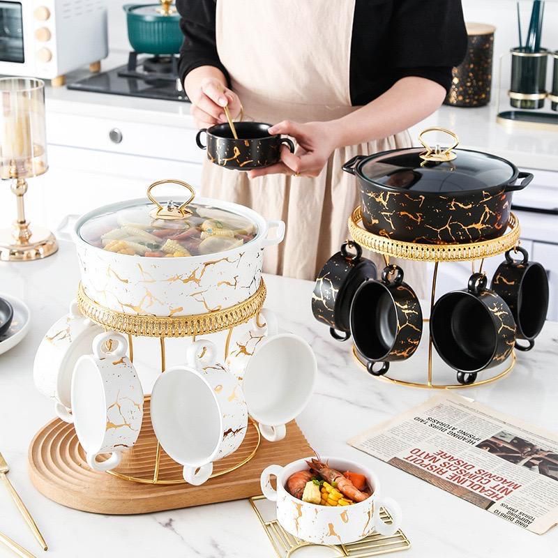 Mangkuk Sup Soup Bowl Set Prasmanan Keramik Marble Marmer Putih Hitam Gold