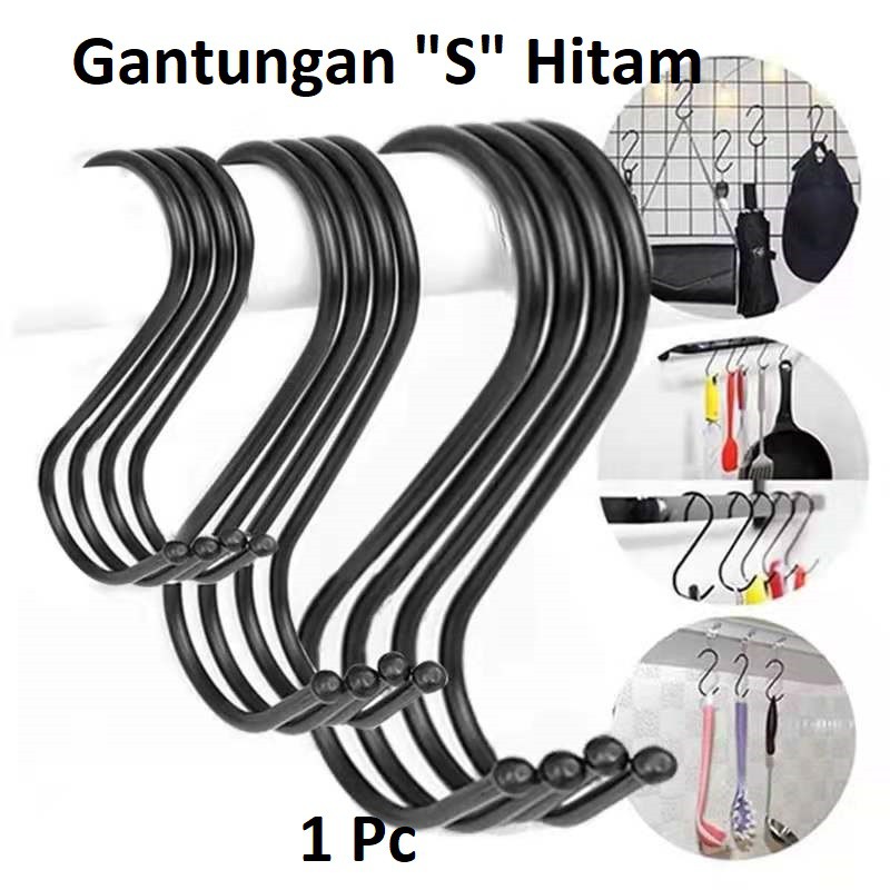 Gantungan Huk &quot;S&quot; Hitam 6.5, 8, 9cm Harga/pc