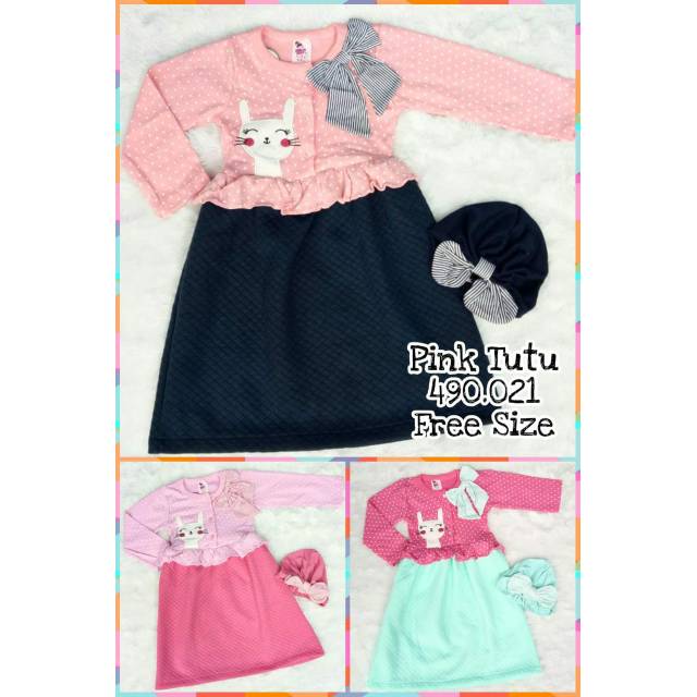 Setelan Baju Muslim Anak Perempuan - Gamis Anak Cat Pita Salur Free Kerudung Turban 12-18 Bulan