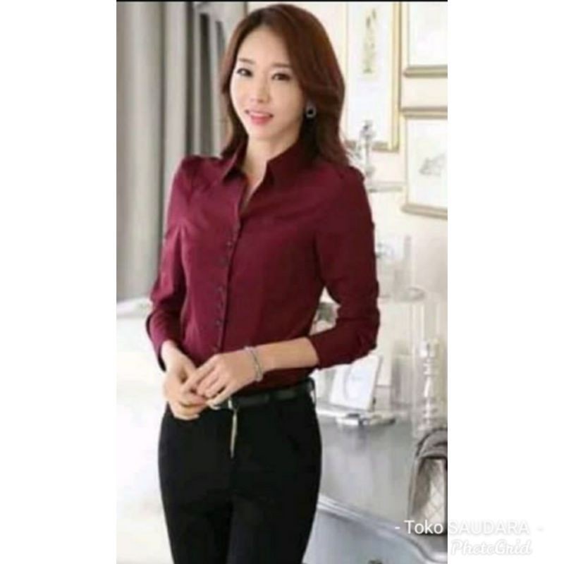 Kemeja formal wanita lengan panjang merah maroon