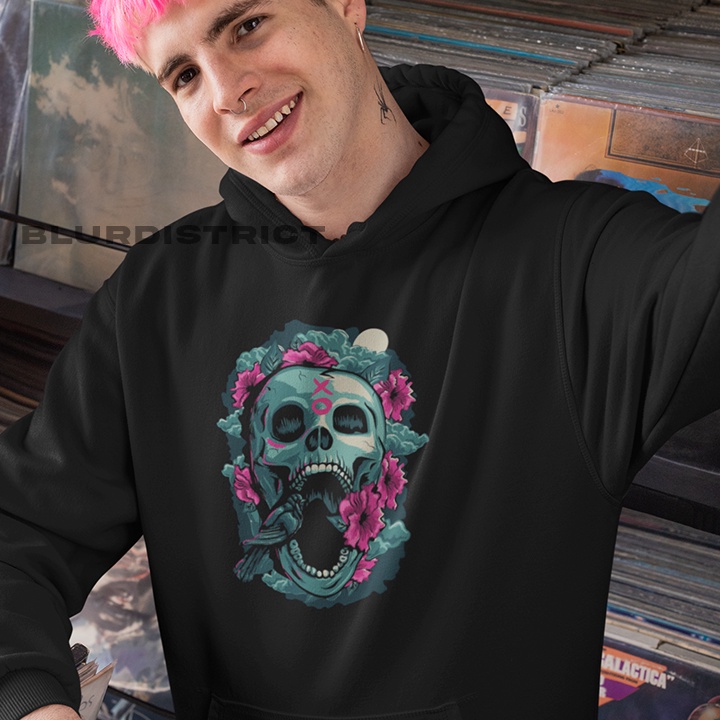 Hoodie SKULL ROSE Black Sweater Hitam Switer Pria Hoodi Wanita Blurdistrict Hits Tengkorak New