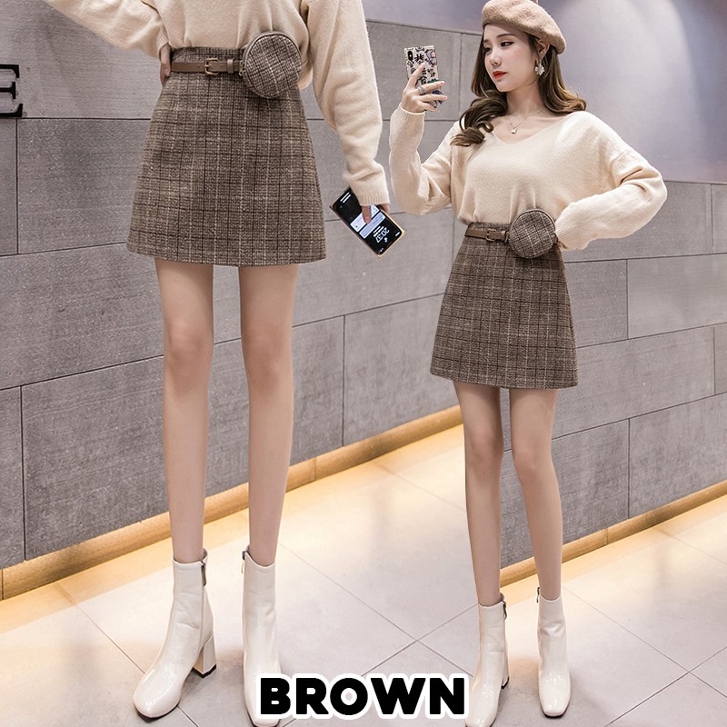 KARAKOREA 9807 Winter Skirt with Mini Pouch and Belt/Korean Mini Skirt/Rok Pendek Wanita/Rok Korea Skirt