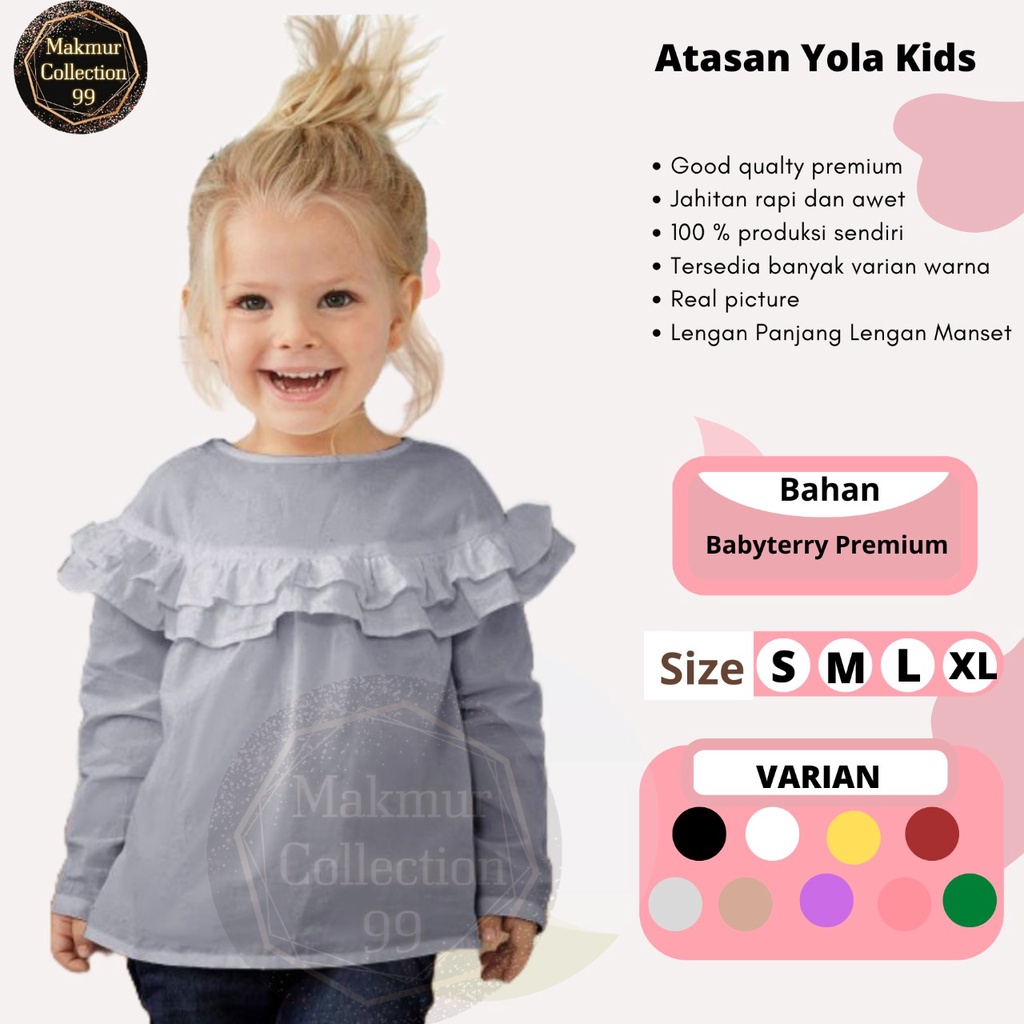 Atasan Kaos Anak Perempuan Lengan Panjang 1-11Tahun Model Kerutan 2 Tumpuk Keliling/Atasan Yola Kids Matt Babyterry