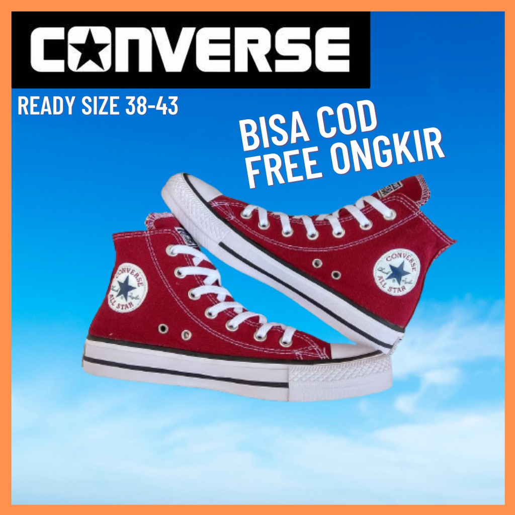 Converse Allstar Classic High Sepatu Sneakers Alstar  Convers Tinggi Warna Merah Maroon Bahan Canvas