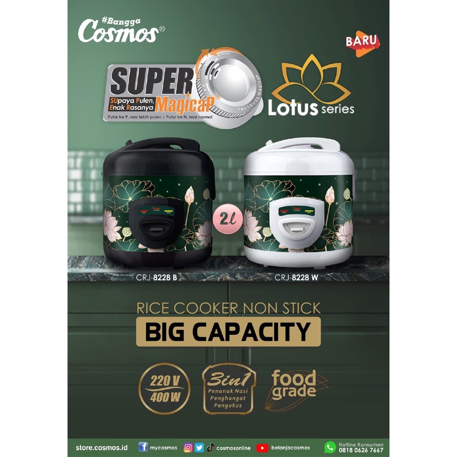 Rice Cooker Cosmos Baru CRJ 8228 B W Lotus 2 Liter Tongolan Magic Com Penanak Nasi Cosmos Terbaru Lotus Big Capacity