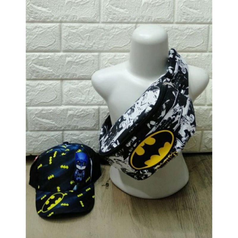 Waistbag anak laki-laki canvas karakter superhero gratis topi - tas anak