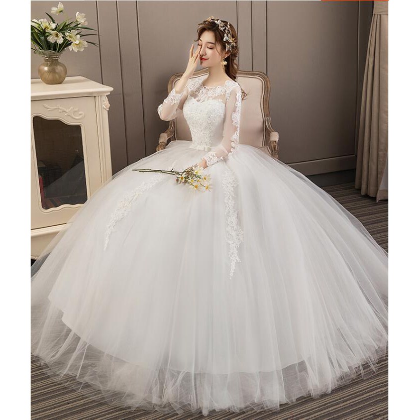 Fashion Wanita Bridal Lengan Panjang Lace Wedding Dress Bridal Ball Gown