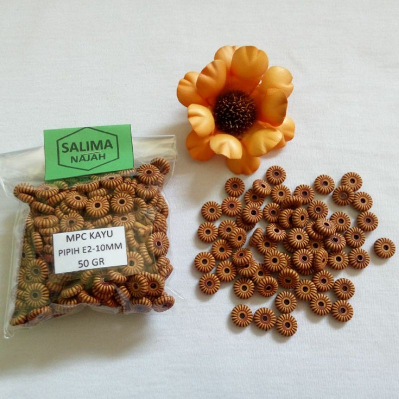 Manik Spacer Plastik Corak Kayu Bulat Pipih 10mm isi 50gram-Mote Piringan Craft