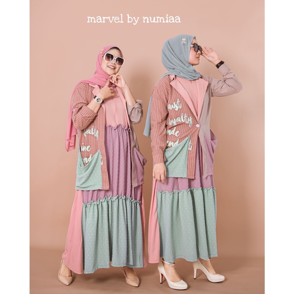 MARVEL BY NUMIAA (Gamis outer, gamis setelan cardigan, dress motif setelan cardi, gamis set outer)