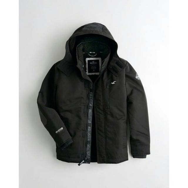hollister hooded puffer jacket icon logo in black