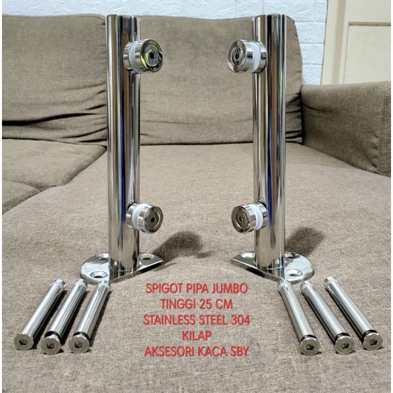 SPIGOT PIPA JUMBO KACA MIRROR KILAP TIANG RAILING BRAKET KAKI JEPIT SUS 304