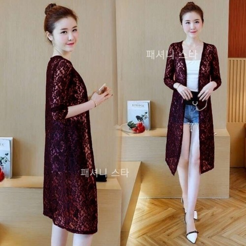 Baju Atasan Cardigan Rajut Brokat Korea Style Transparan Premium Panjang Cewek Wanita