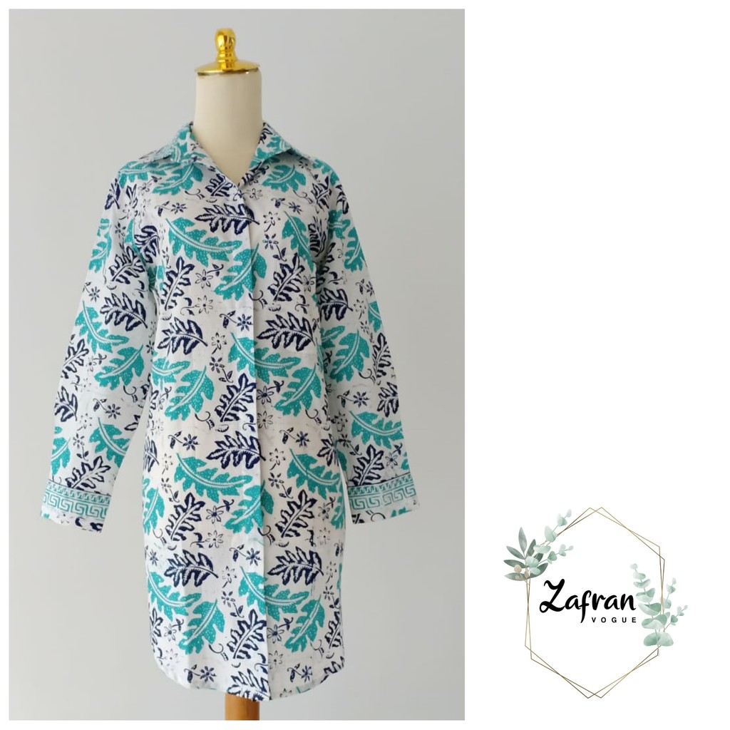 Kemeja Batik Tunik Daun Hijau Biru