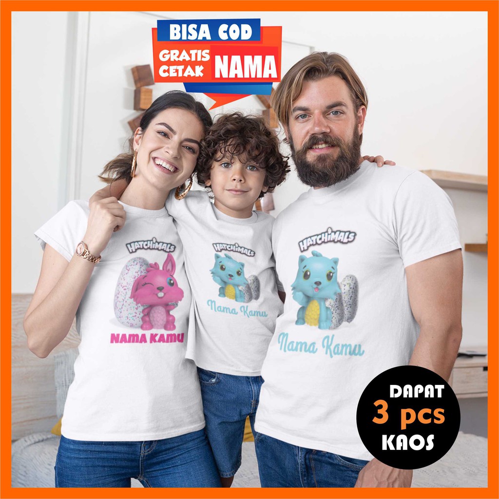 Kaos Baju Couple Keluarga Family Hatchimals 3Pcs Gratis Cetak Nama Custom Sablon Tulis Nama