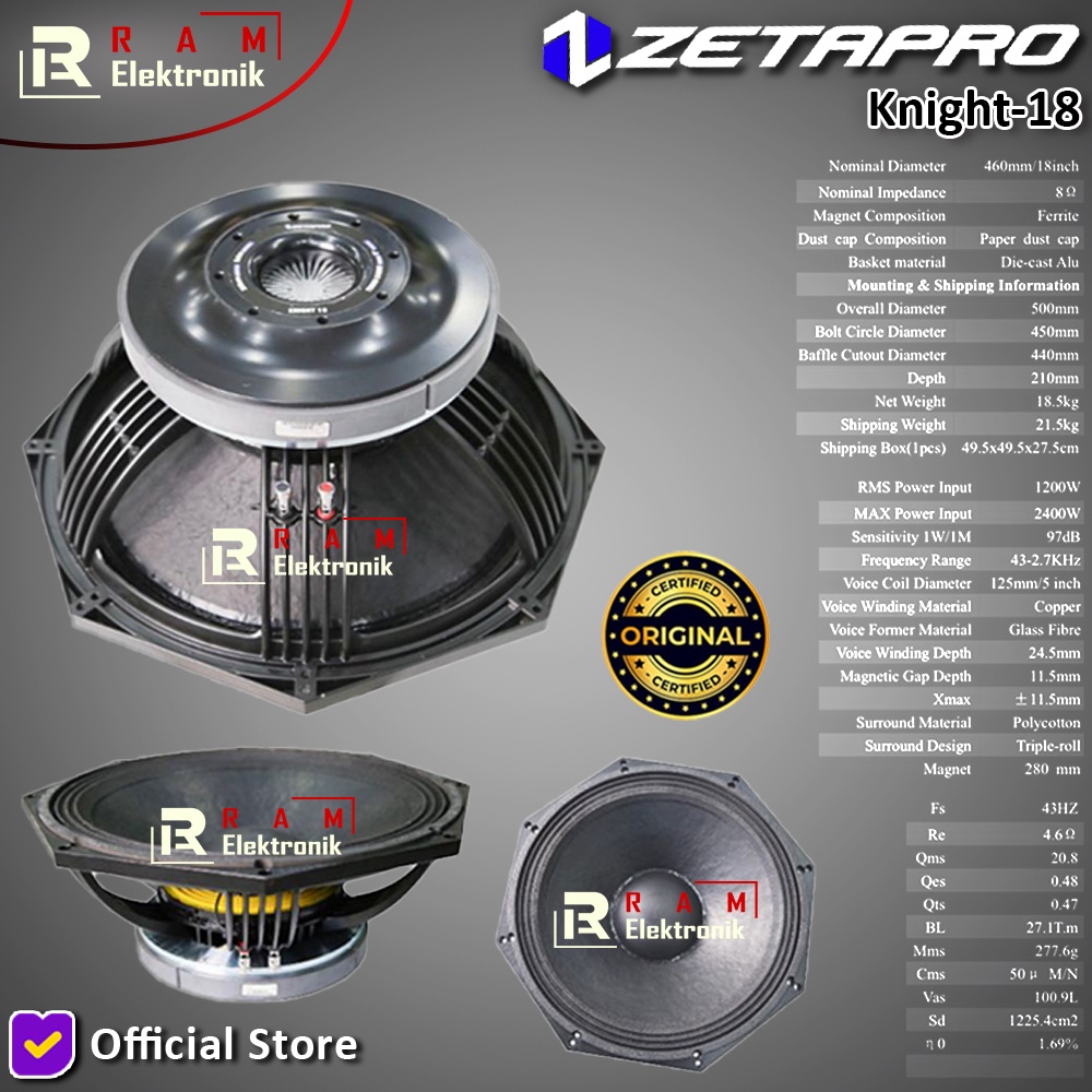Komponen Speaker 18 Inch Zetapro Knight18 / Knight 18 Original