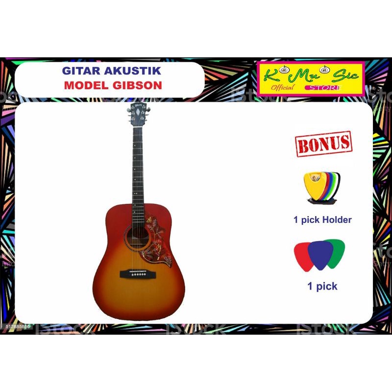 Gitar Akustik custom model Gibson bonus pick dan pick holder