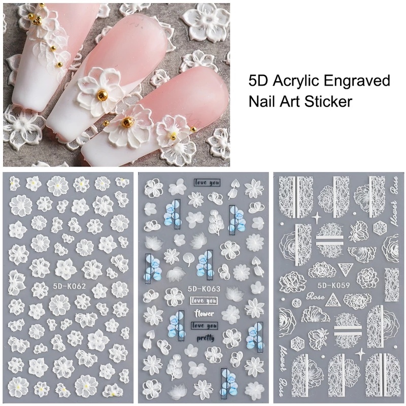 1 Lembar Stiker Kuku Motif Renda Bunga 5d Warna Hitam Putih Bahan Akrilik Untuk Dekorasi Manicure