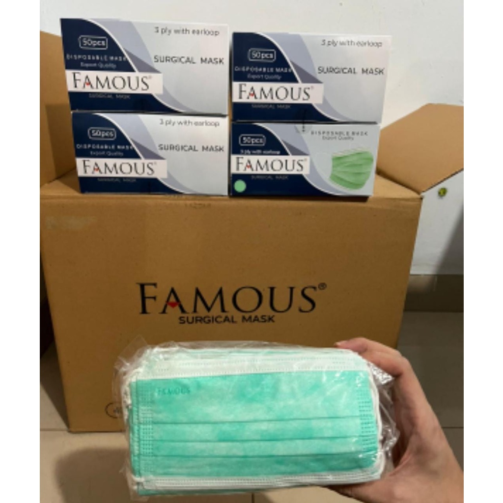 FAMOUS 3PLY SURGICAL MASK - MASKER MEDIS FAMOUS BEDAH 3PLY EMBOS KEMENKES RI Akd BOX ISI 50 PCS - HIJAU GREEN