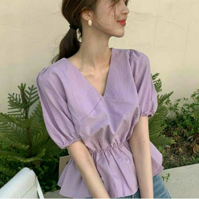YBVarisa Baju atasan blouse kerja Vneck ungu lilac cewek import baju blouse wanita import korea ungu