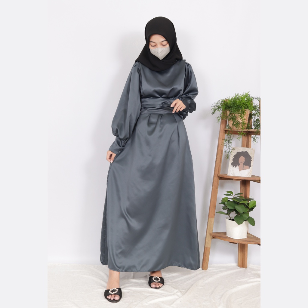 adiva dress satin - dress kondangan/ pesta lengan balon