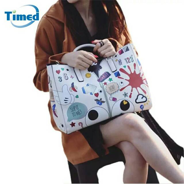 Tas Wanita Totebag Fashion Set Hitam Dan Putih motif Print Karakter