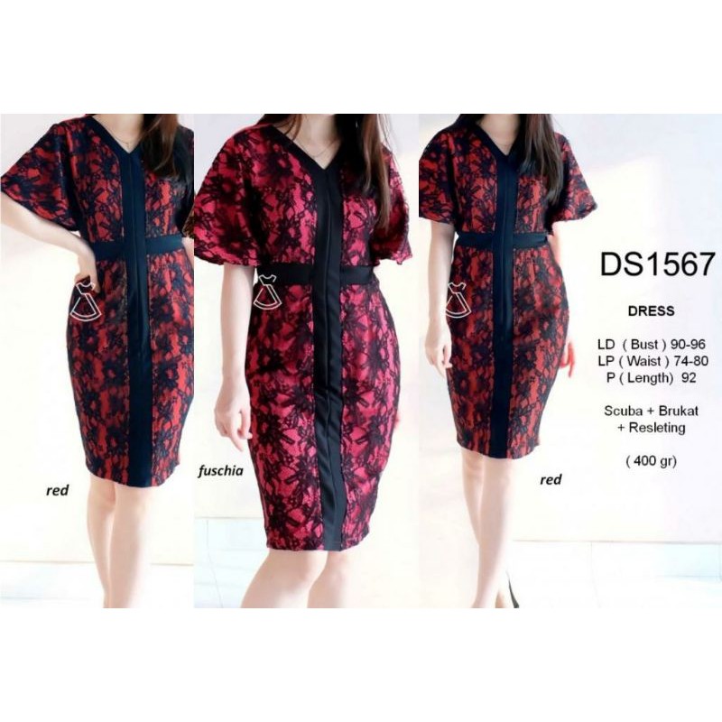 DS1567 BODYCON DRESS PESTA SCUBA BRUKAT BROKAT IMPORT PREMIUM MURAH GROSIR REALPIC