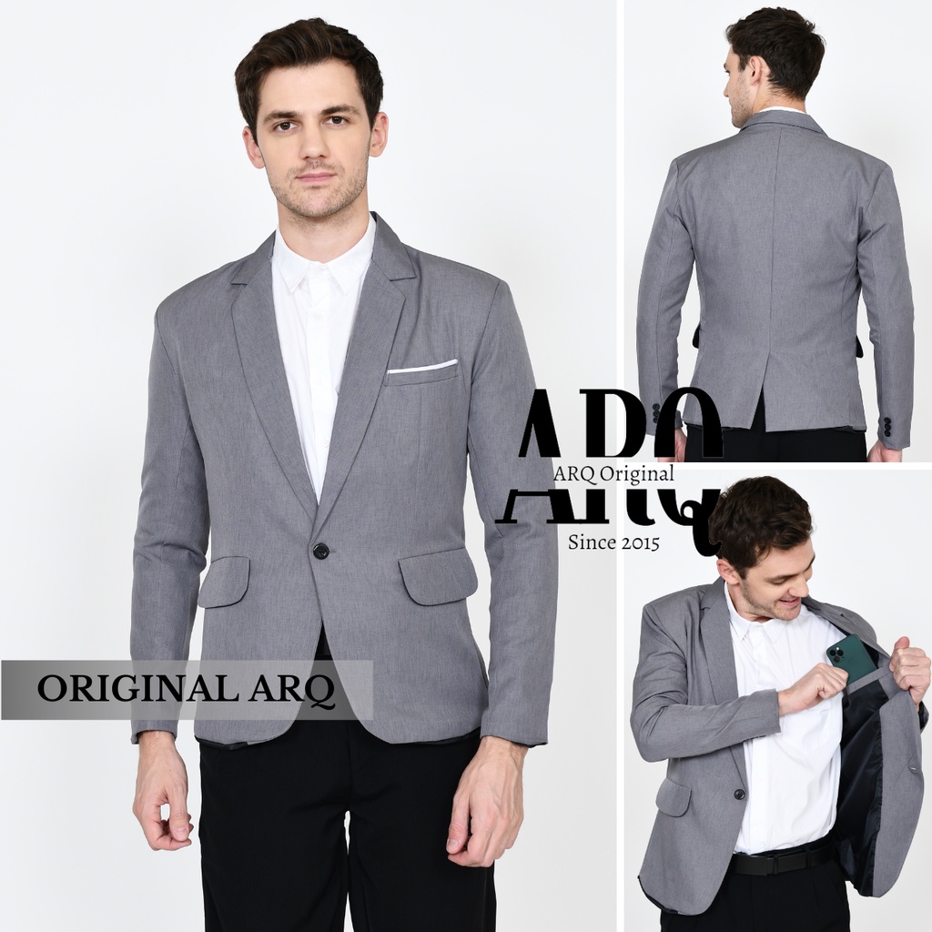 TERLARIS ! JAS PRIA BLAZER PRIA SLIMFIT ABU LIST PUTIH BAHAN TEBAL PREMIUM / JAS PRIA WISUDA KERJA KONDANGAN ORIGINAL ARQ