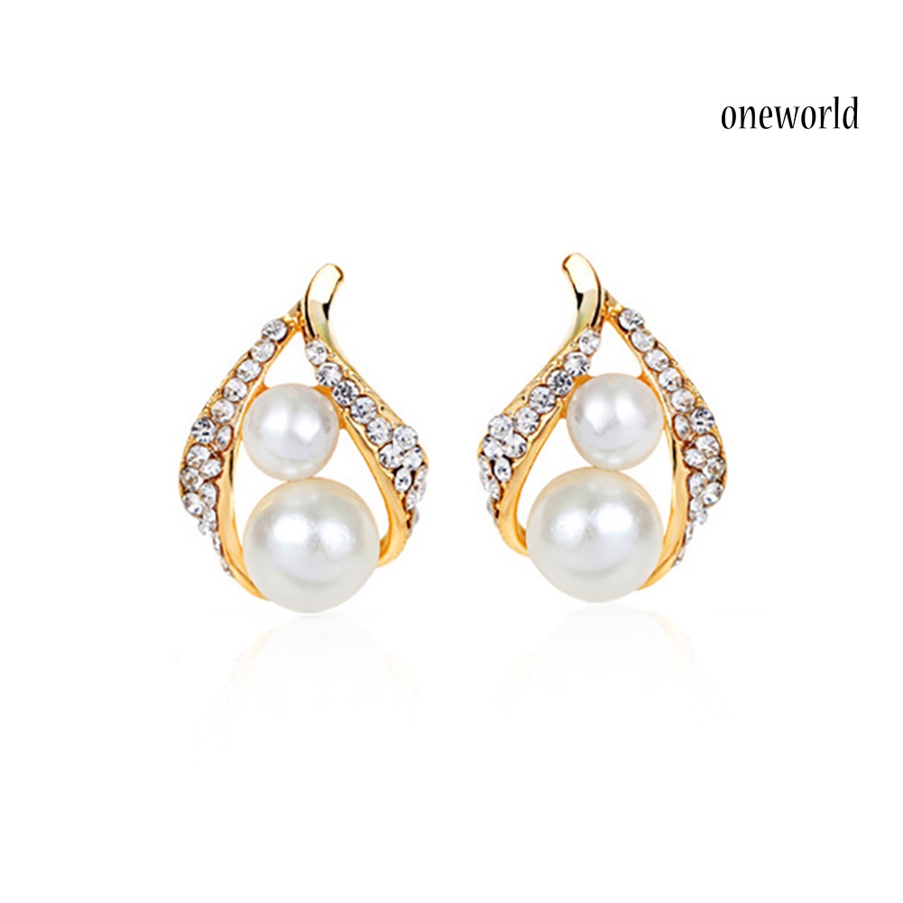 OW@ Wedding Bridal Imitation Pearl Rhinestone Hollow Stud Earrings Ring Necklace Set