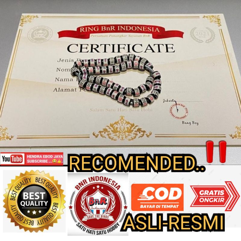 RING BNR+SERTIFIKAT ASLI DAN RESMI UNTUK MURAI BATU KHUSUS PETERNAK/PENGGUNA//AKSESORIS.