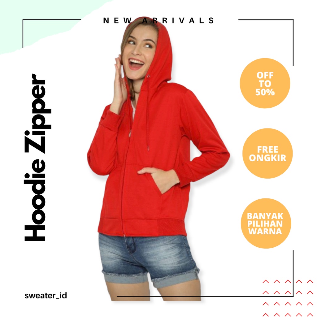 SWEATER_ID Hoodie Zipper Polos Merah Terang Unisex Sweater Kekinian Termurah