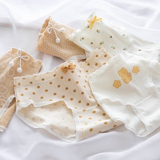 Ⓜ️𝟲𝟳𝟲Ⓜ️️Celana Dalam Wanita Renda Pita Motif Beruang Young Girl Briefs Mid Waist Milk Tea Polka Dot Bear Underwear