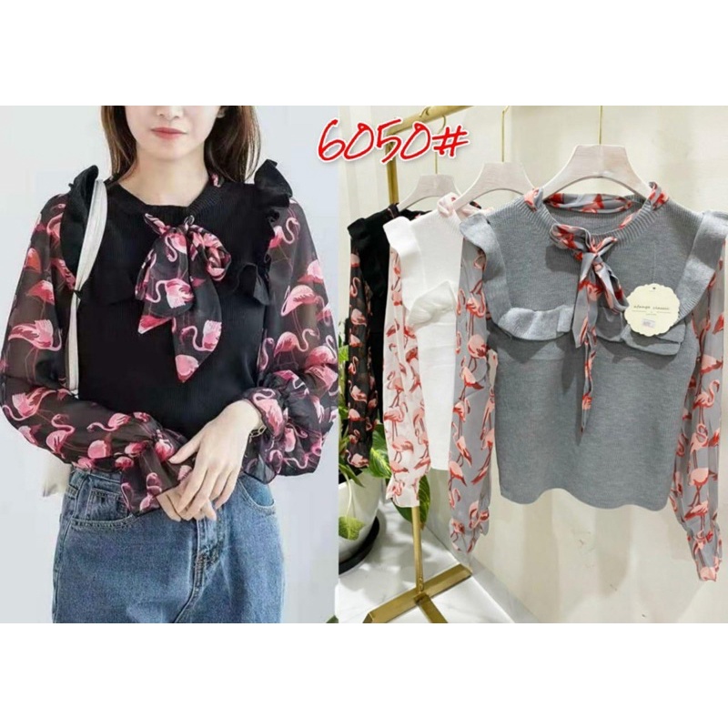 Knit Blouse with Flamingo Chiffon Sleeve Import Premium ( Blus rajut kombinasi sifon )