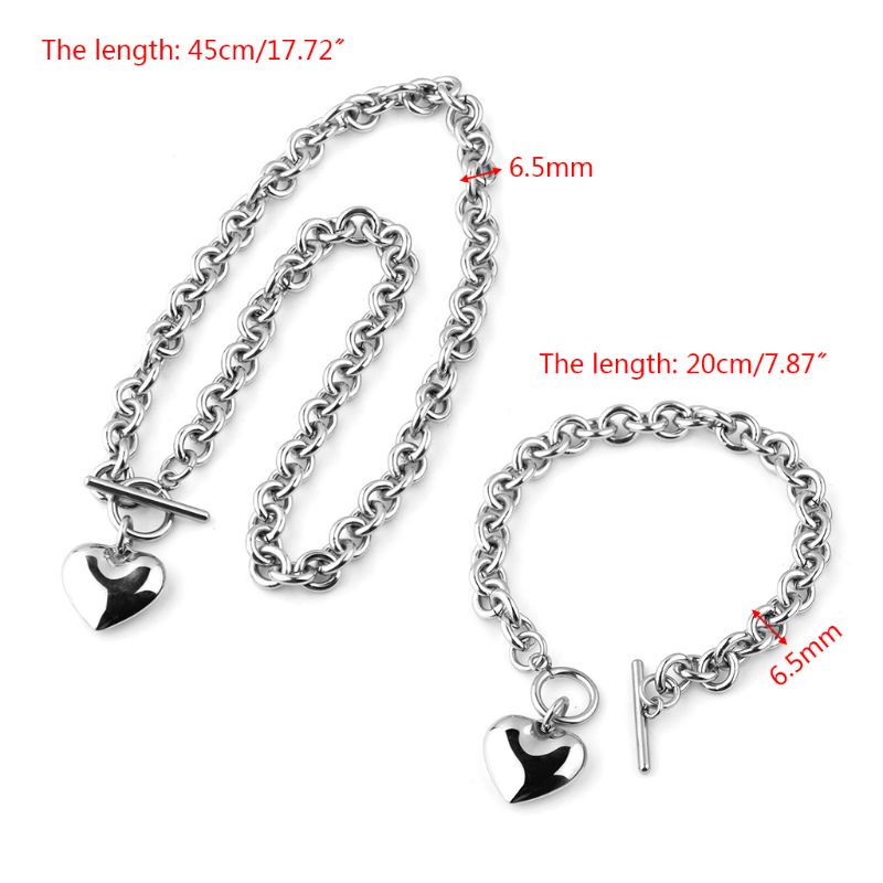 SIY  1Set Women Ladies Stainless Steel Chain Heart Shaped Toggle Bracelet Pendant Necklace for Jewelry Gifts Decor