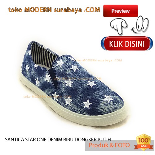 SANTICA STAR ONE DENIM BIRU DONGKER PUTIH sepatu wanita slip on