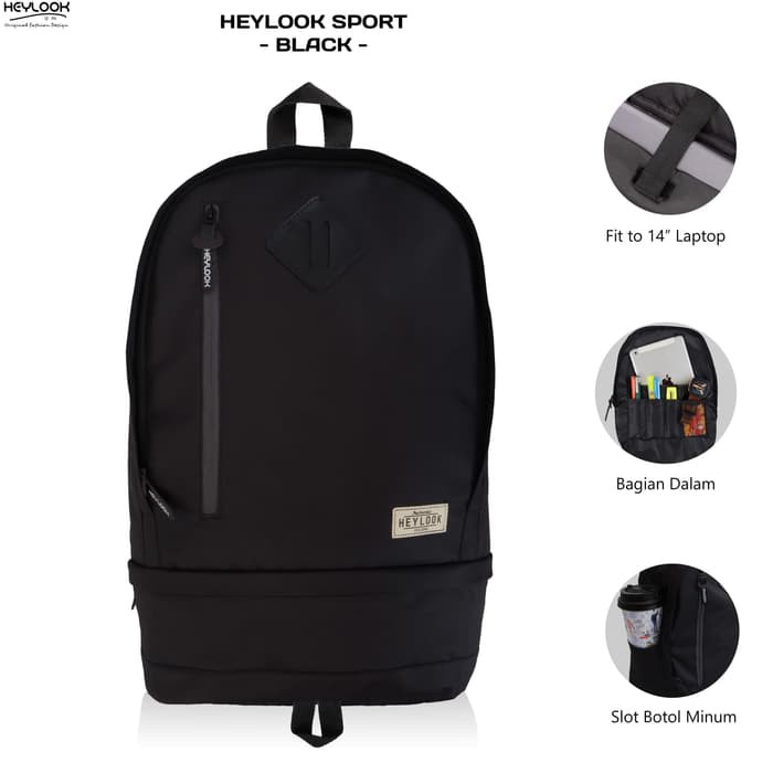 TAS RANSEL SPORT PRIA WANITA BACKPACK LAPTOP CEWEK COWOK HEYLOOK - Hitam
