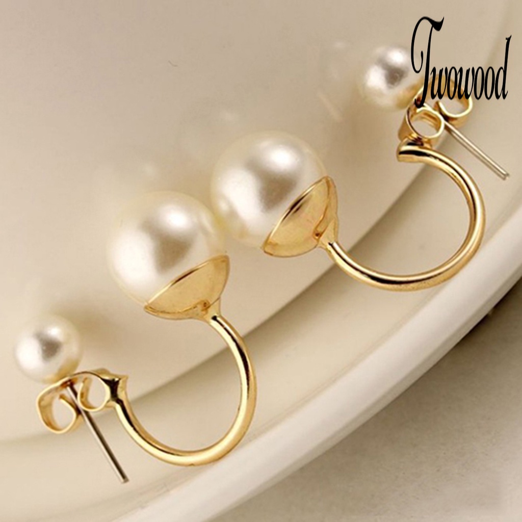 1 Pasang Anting Stud Mutiara Tiruan Ganda Bahan Alloy Untuk Wanita