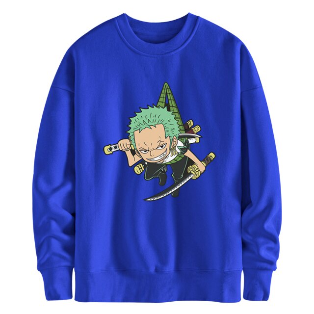 Sweater ZORO Chibi Basic Crewneck Anime ONE PIECE Pria Wanita Bahan Fleece Ukuran S M L XL XXL XXXL