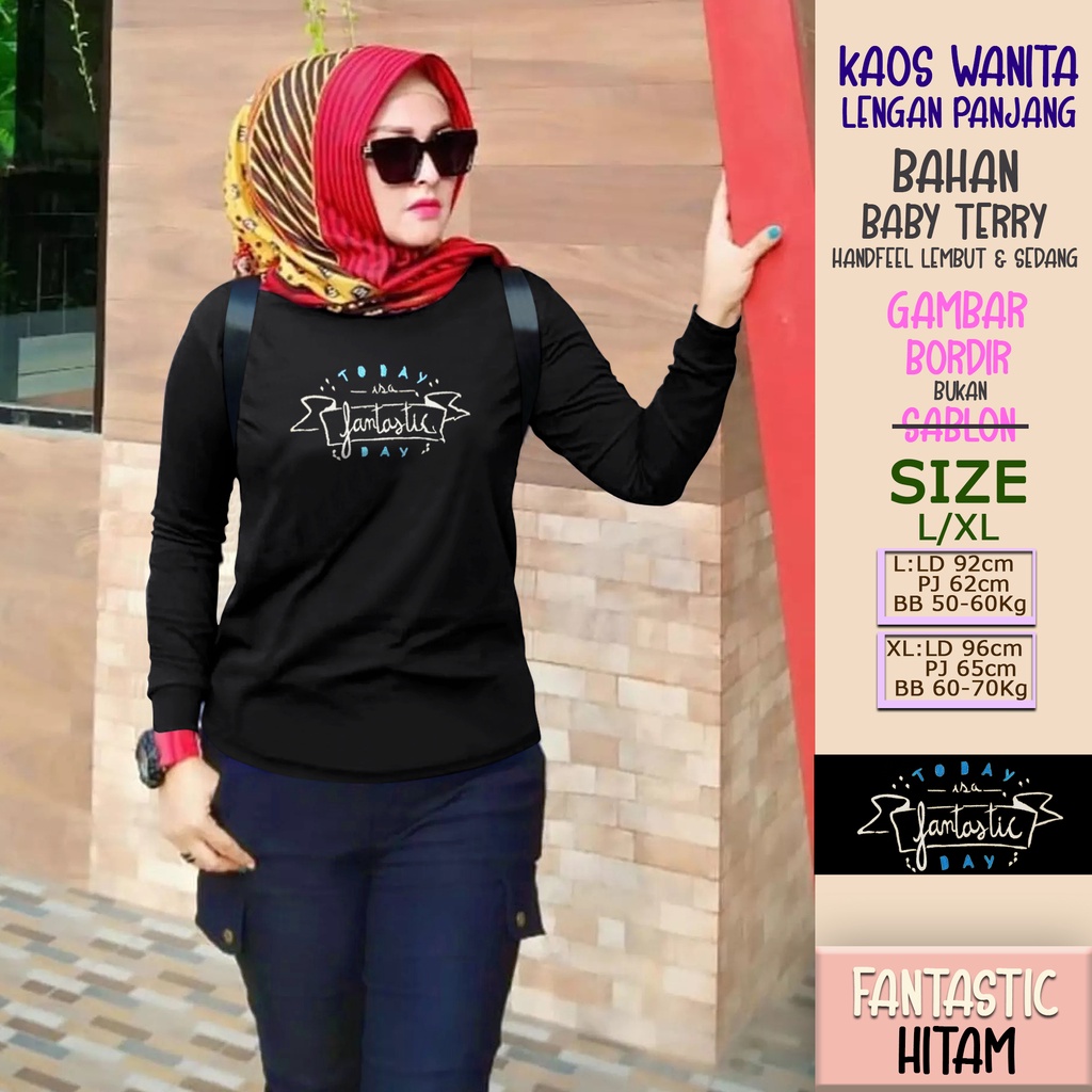 CENOA Kaos Wanita Lengan Panjang  / Kaos Sweatshirt / Atasan Wanita / Atasan Wanita Lengan Panjang-HITAM FANTASTIC