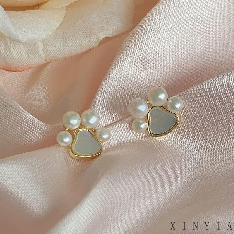 【Bayar di tempat】Anting Stud Desain Cakar Kucing Aksen Mutiara Bahan 925 Silver